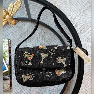 NWT Viral Black Beaded Martini Print Shoulder Bag - Made in India